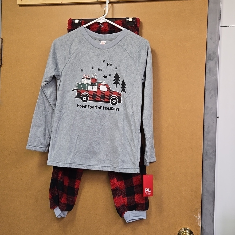Petit Lem Size 10/12 Grey Red Fleece Pajama Holiday Set
